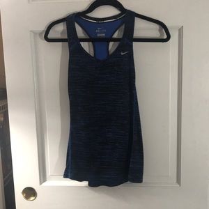 A blue and black printed Nike DRI-FIT tank top.
